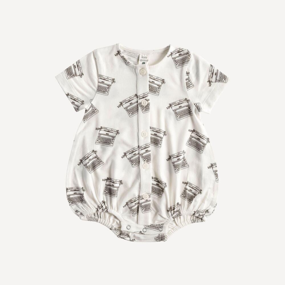 NWT Kate Quinn Typewriter Short Sleeve Button Front Bubble Romper Modal 18-24m
